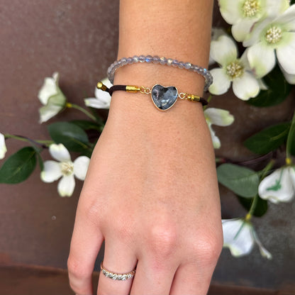 Bohemian adjustable Love Heart Labradorite crystal bracelet in gold-tone setting with woven cord for protection, intuition, and spiritual healing.