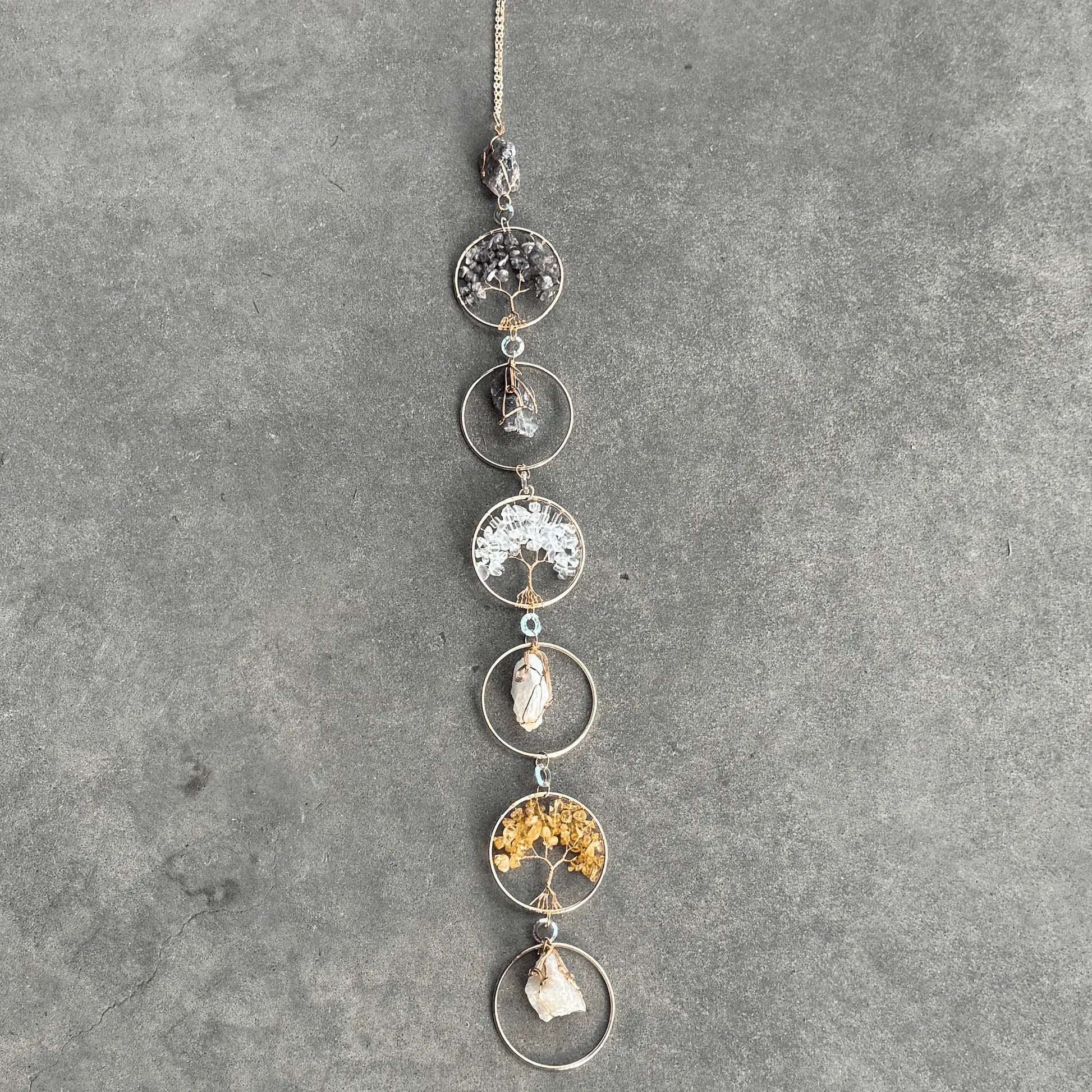 Tree of Life crystal wall hanging suncatcher with amethyst citrine clear quartz for energy cleansing, emotional healing, clarity, and spiritual balance