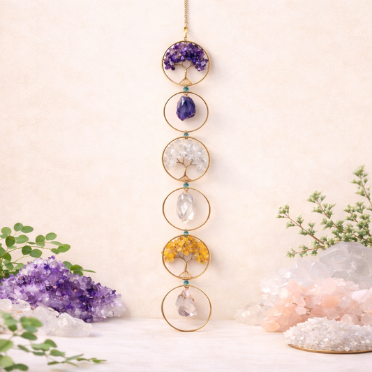 Tree of Life crystal wall hanging suncatcher with amethyst citrine clear quartz for energy cleansing, emotional healing, clarity, and spiritual balance