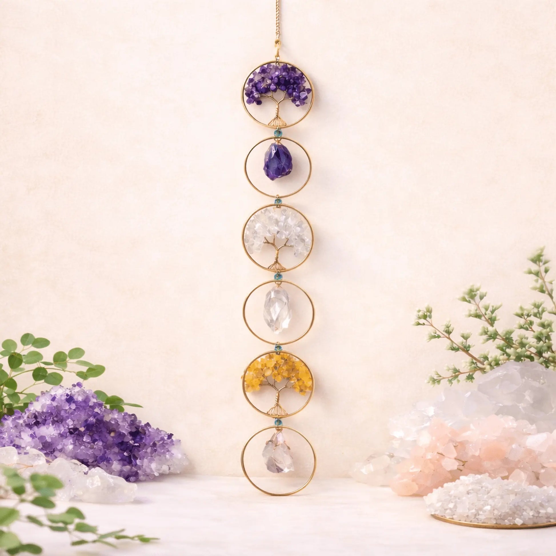Tree of Life crystal wall hanging suncatcher with amethyst citrine clear quartz for energy cleansing, emotional healing, clarity, and spiritual balance