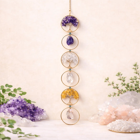 Tree of Life crystal wall hanging suncatcher with amethyst citrine clear quartz for energy cleansing, emotional healing, clarity, and spiritual balance