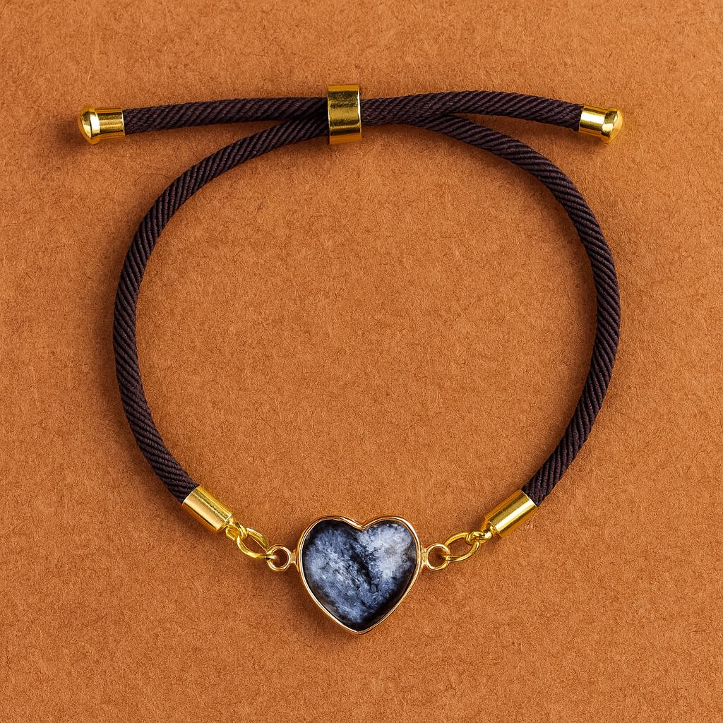 Bohemian adjustable Love Heart Labradorite crystal bracelet in gold-tone setting with woven cord for protection, intuition, and spiritual healing.