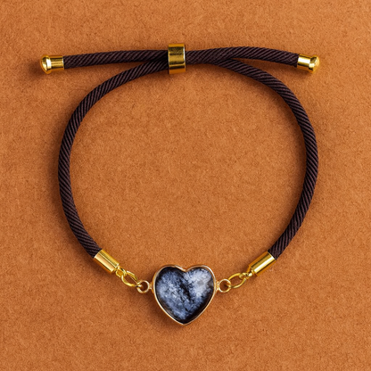 Bohemian adjustable Love Heart Labradorite crystal bracelet in gold-tone setting with woven cord for protection, intuition, and spiritual healing.