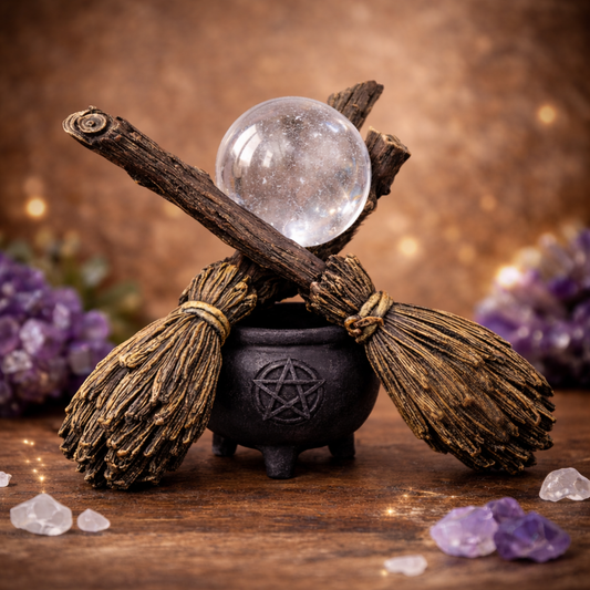 Broomstick cauldron crystal ball holder 17cm for spiritual protection cleansing manifestation altar decor Australia