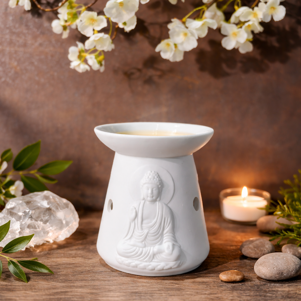 buddha oil burner australia white porcelain spiritual décor mindfulness inner peace relaxation