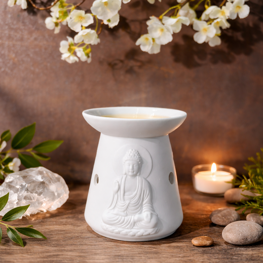 buddha oil burner australia white porcelain spiritual décor mindfulness inner peace relaxation