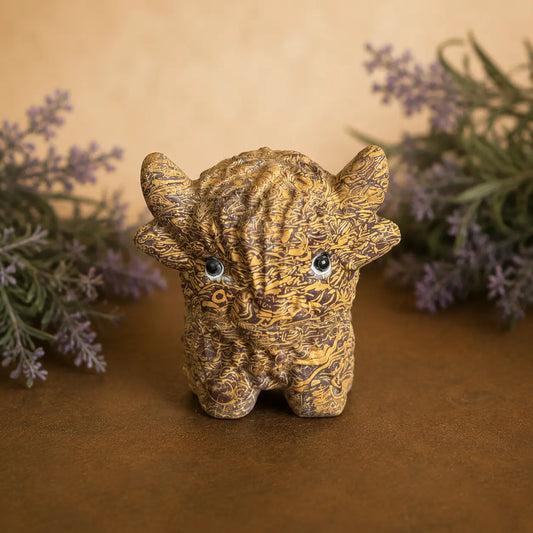 Calligraphy Jasper Highland Cow crystal carving with warm brown and cream script-like patterns and hand-carved details