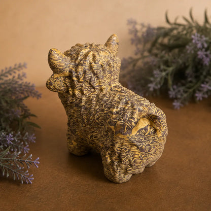 Calligraphy Jasper Highland Cow crystal carving with warm brown and cream script-like patterns and hand-carved details