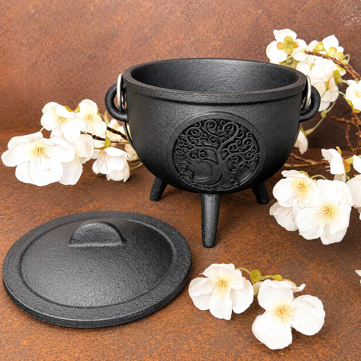 Cast Iron Cauldron with Lid – Tree of Life | Ritual, Incense & Spiritual Altar Bowl