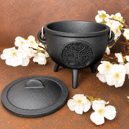 Cast Iron Cauldron with Lid – Tree of Life | Ritual, Incense & Spiritual Altar Bowl