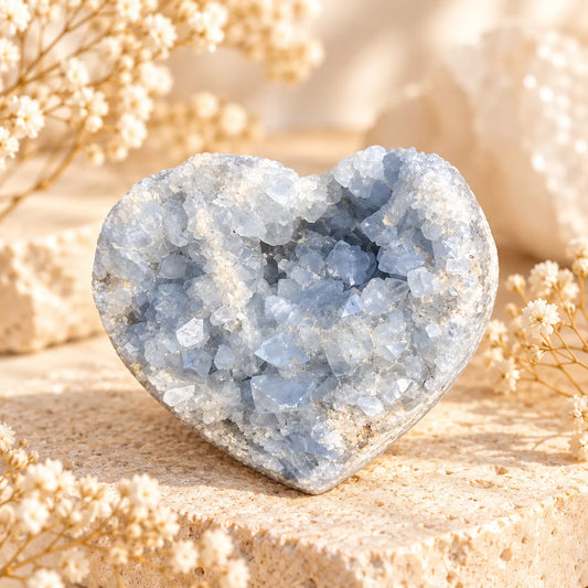 Celestite geode crystal heart 1214g with natural pale blue crystal formations