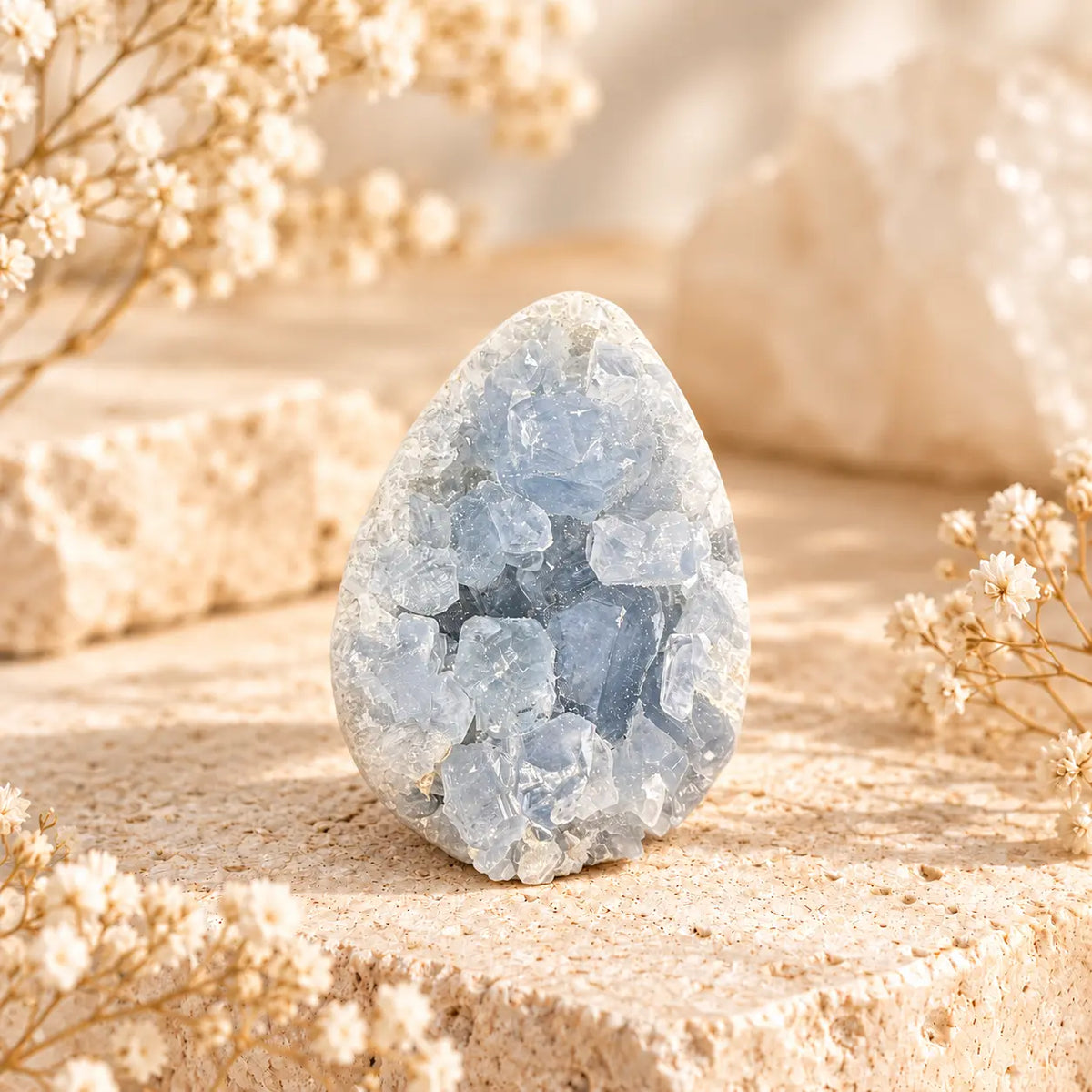 Celestite geode crystal egg 176 g with natural pale blue crystal formation