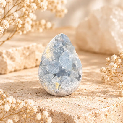 Celestite geode crystal egg 429 g with natural pale blue crystals