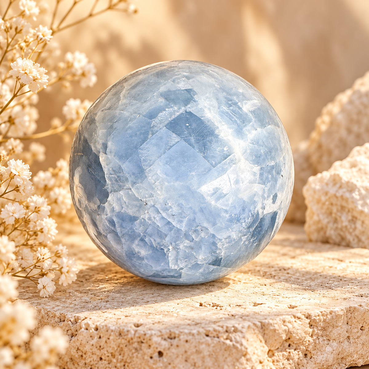 Blue Celestite crystal sphere with soft sky-blue colour for spiritual décor