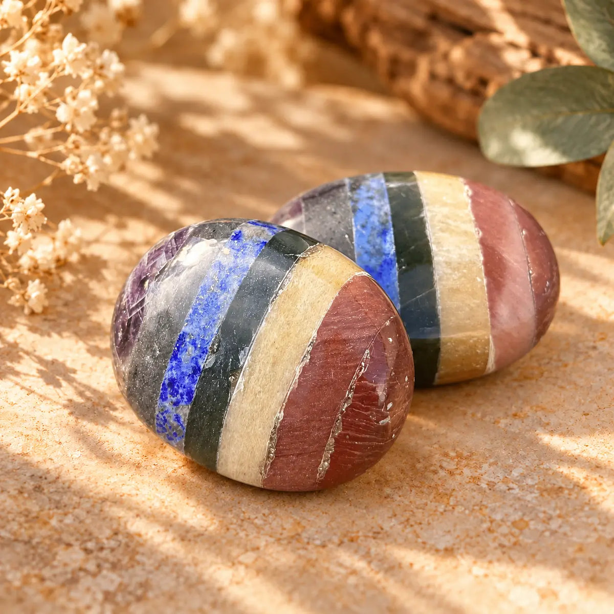 Chakra bonded palm stone with seven coloured sections