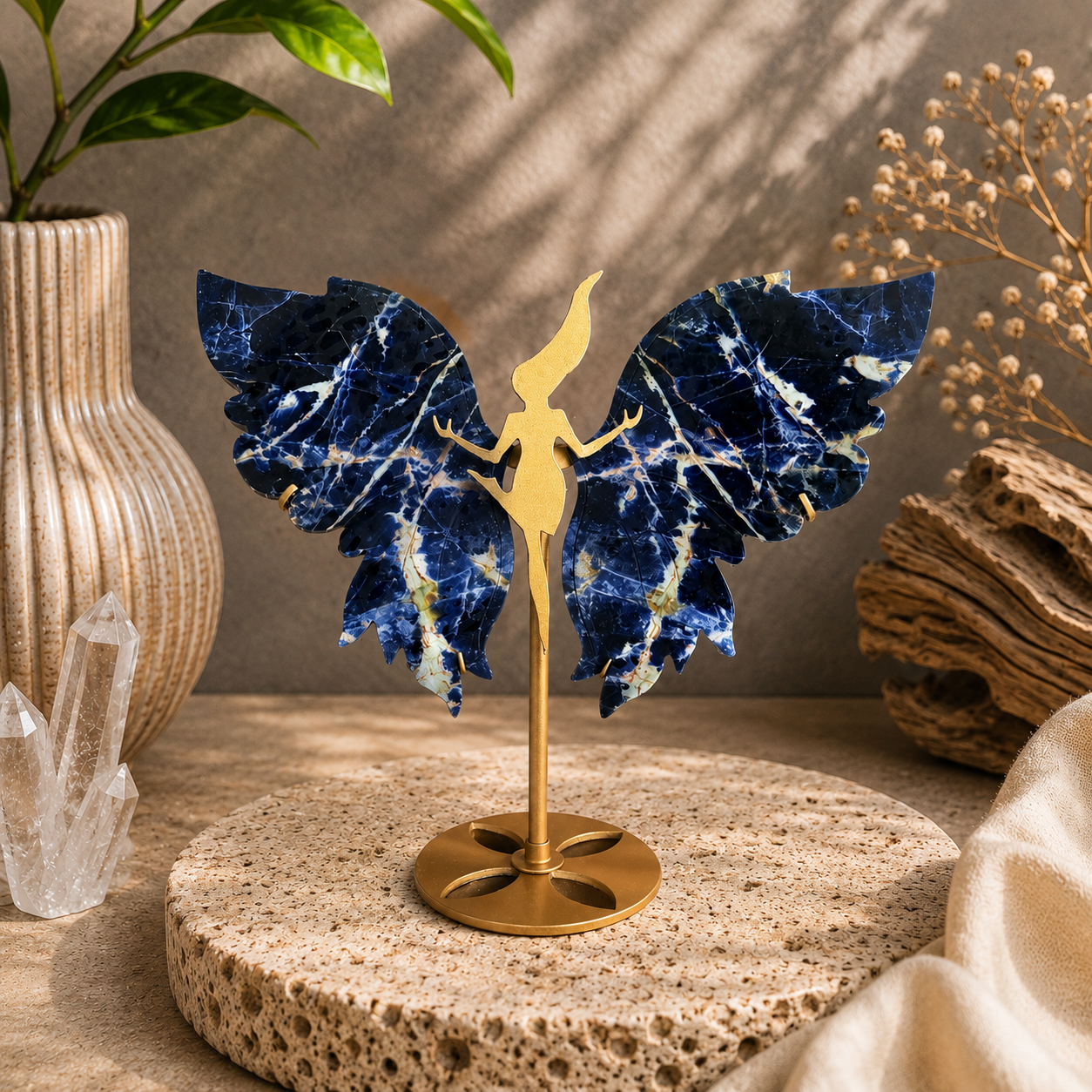 Sodalite Crystal Wings on Gold Dancing Fairy Stand – Deep Navy Blue with White and Gold Veining