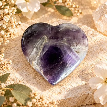 Chevron Amethyst crystal heart Small 2, approximately 4.5 cm, natural violet and white banding