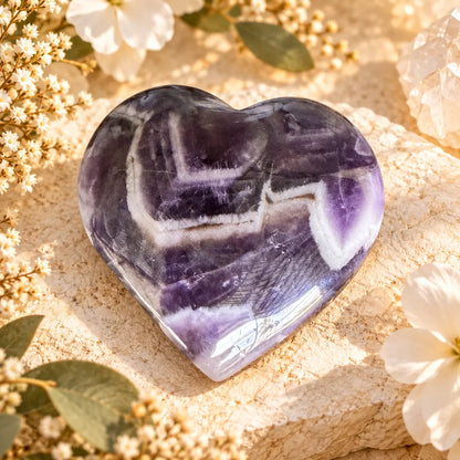 Chevron Amethyst crystal heart Small 7, approximately 4.5 cm, natural violet and white banding