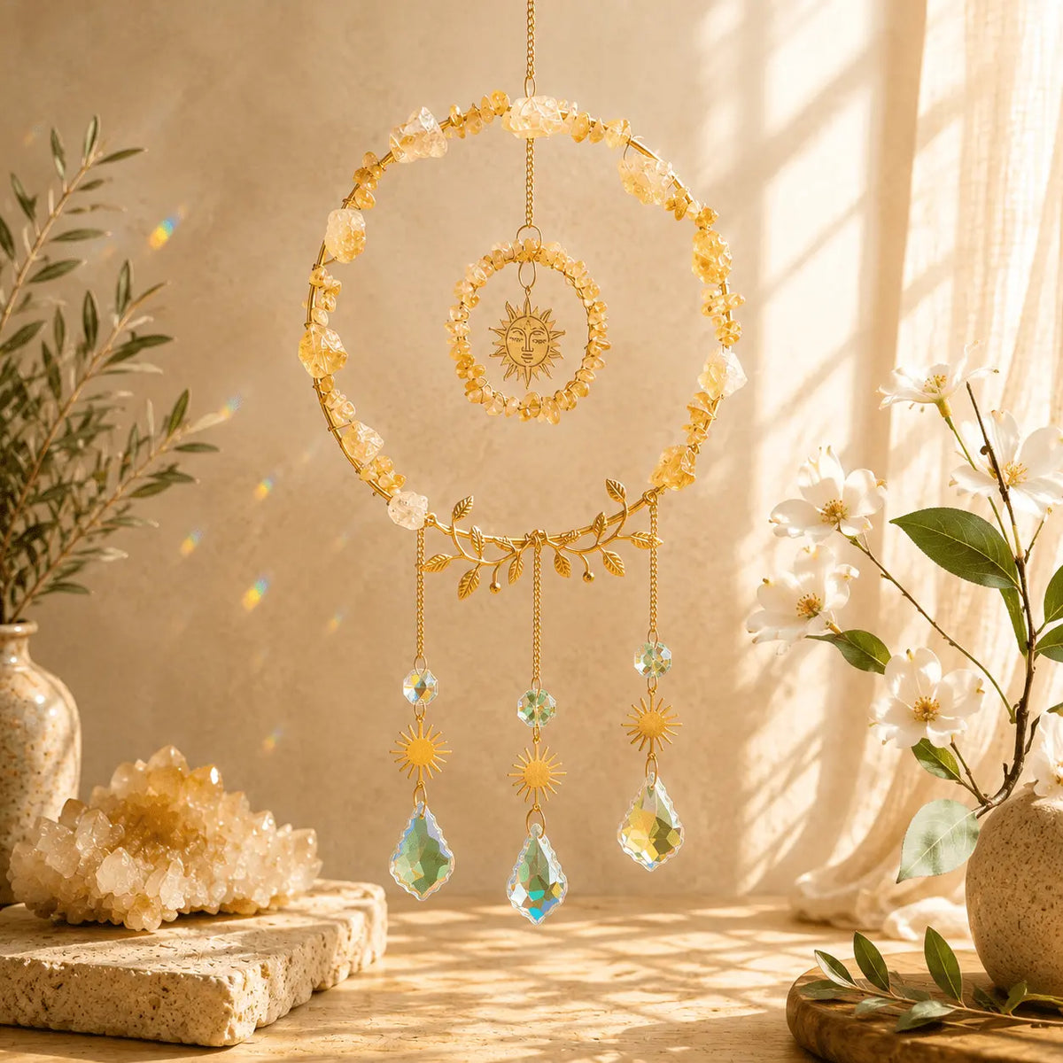 Citrine crystal suncatcher with golden gemstones, sun charms and clear crystal prism drops