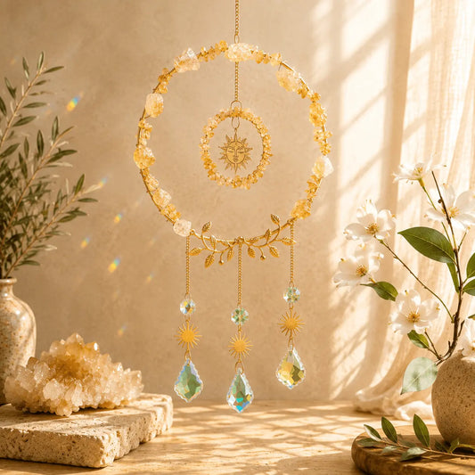 Citrine crystal suncatcher with golden gemstones, sun charms and clear crystal prism drops