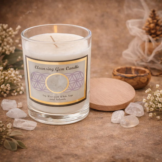 Cleansing Selenite White Sage gemstone candle for energy clearing, spiritual protection, aura cleansing, emotional healing and meditation.