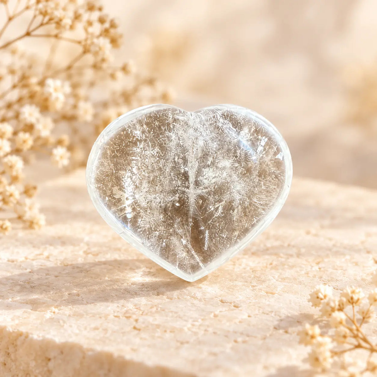 Clear Quartz crystal heart 87g front view, polished natural crystal showing individual inclusions – Spiritual Gifts