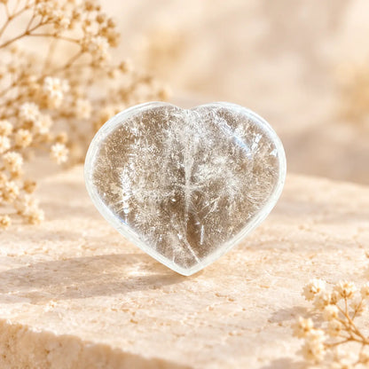 Clear Quartz crystal heart 87g front view, polished natural crystal showing individual inclusions – Spiritual Gifts