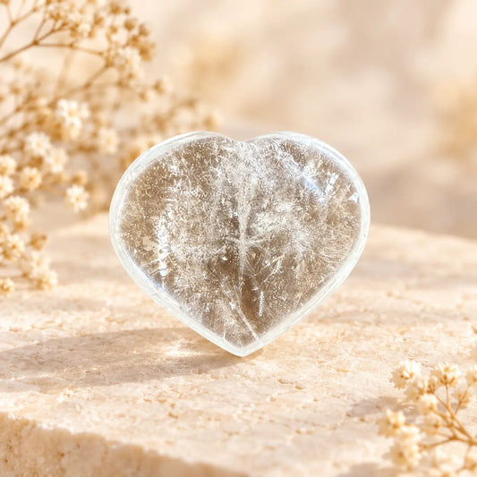 Clear Quartz crystal heart 87g front view, polished natural crystal showing individual inclusions – Spiritual Gifts