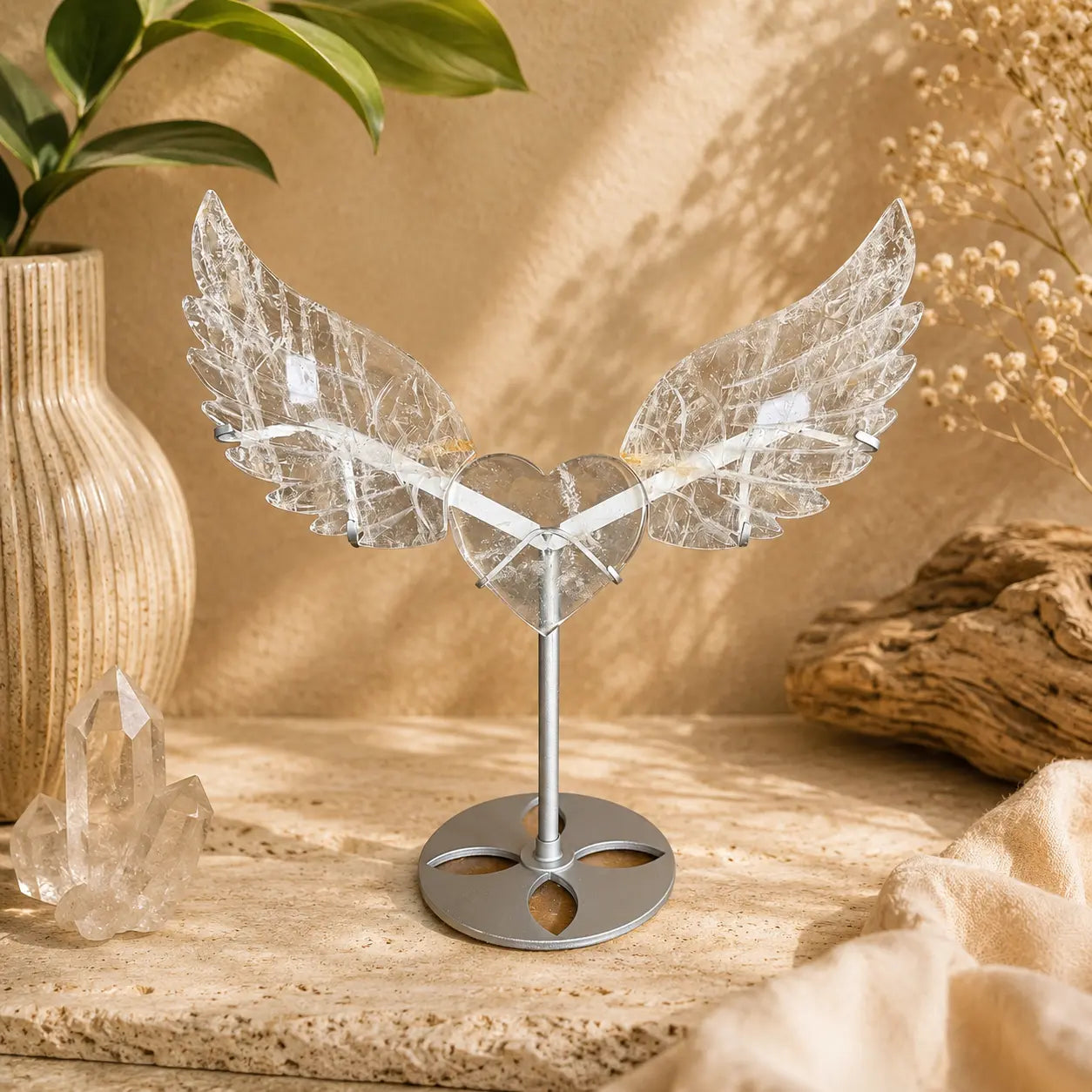 Clear Quartz Crystal Heart with Angel Wings on Stand