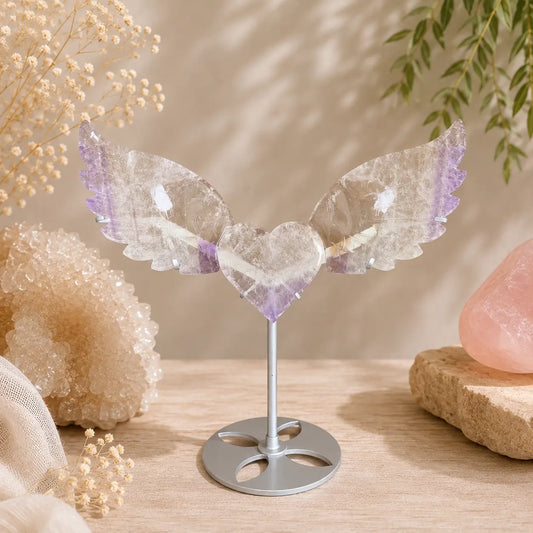 Clear Quartz & Amethyst Crystal Heart with Angel Wings on Stand