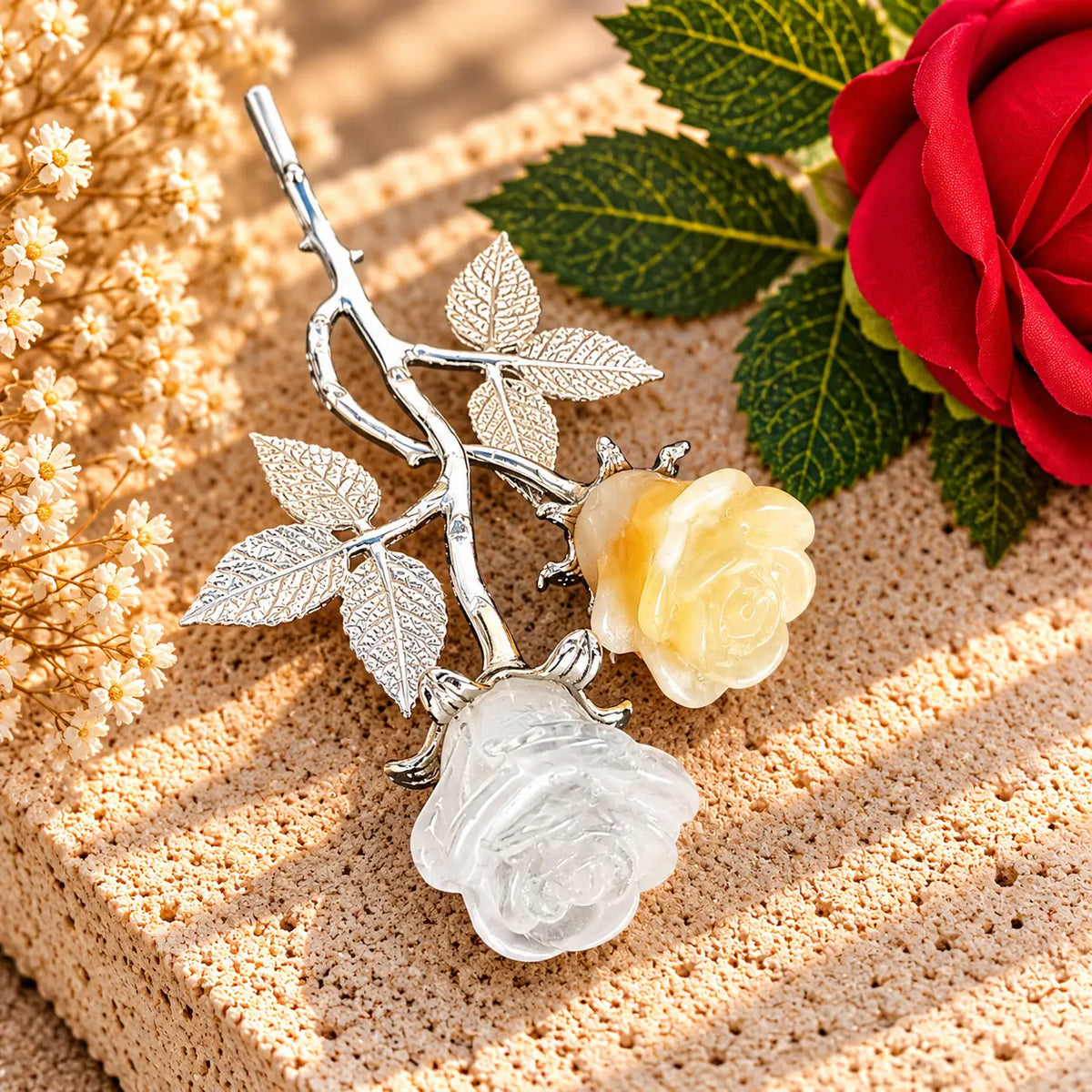 Forever rose crystal stem with clear quartz & orange calcite carved roses, crystal flower gift, Spiritual Gifts