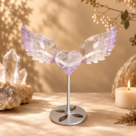 Clear Quartz & Amethyst Crystal Heart with Angel Wings on Stand