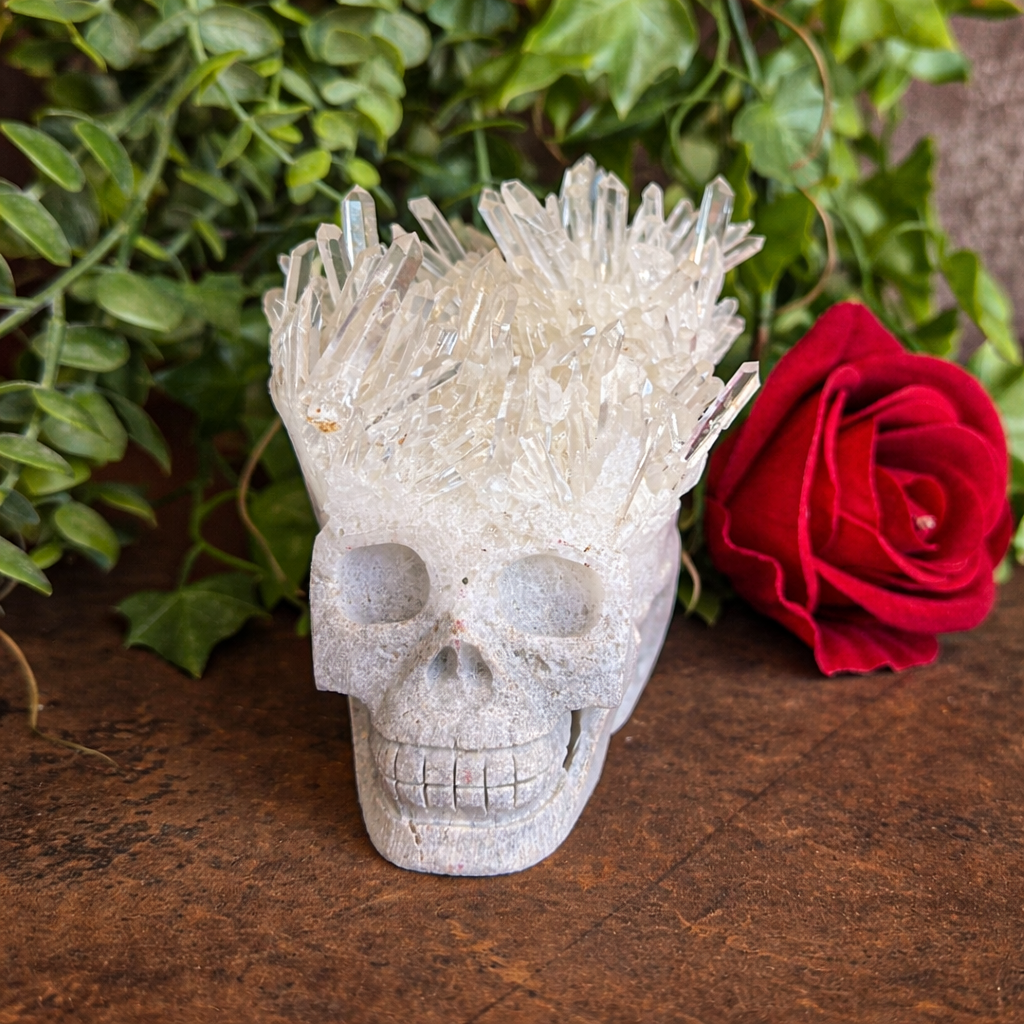 Clear Quartz Cluster Skull 638g crystal carving with natural points for clarity, energy amplification, spiritual healing and protection.