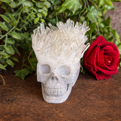 Clear Quartz Cluster Skull 638g crystal carving with natural points for clarity, energy amplification, spiritual healing and protection.