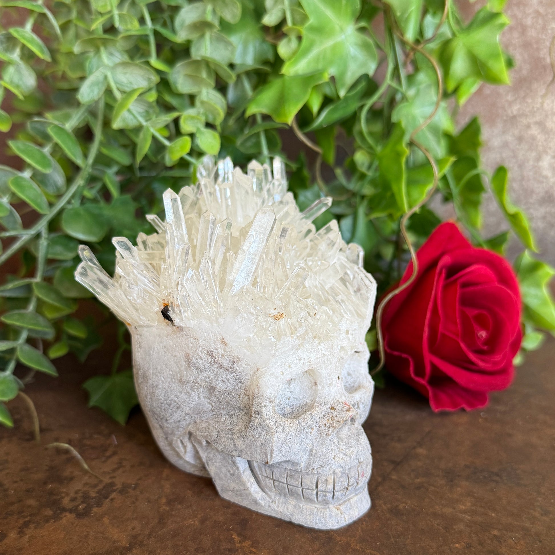 Clear Quartz Cluster Skull 638g crystal carving with natural points for clarity, energy amplification, spiritual healing and protection.