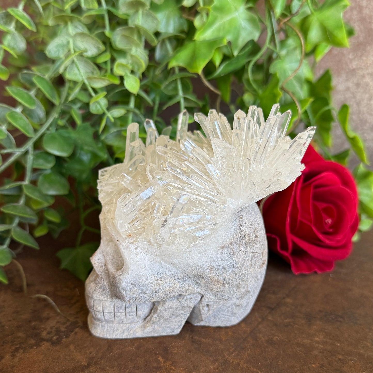 Clear Quartz Cluster Skull 638g crystal carving with natural points for clarity, energy amplification, spiritual healing and protection.