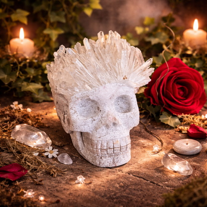 Clear Quartz Cluster Skull 714g crystal carving with natural points for clarity, energy amplification, spiritual healing, and protection
