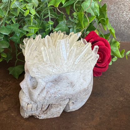 Clear Quartz Cluster Skull 714g crystal carving with natural points for clarity, energy amplification, spiritual healing, and protection