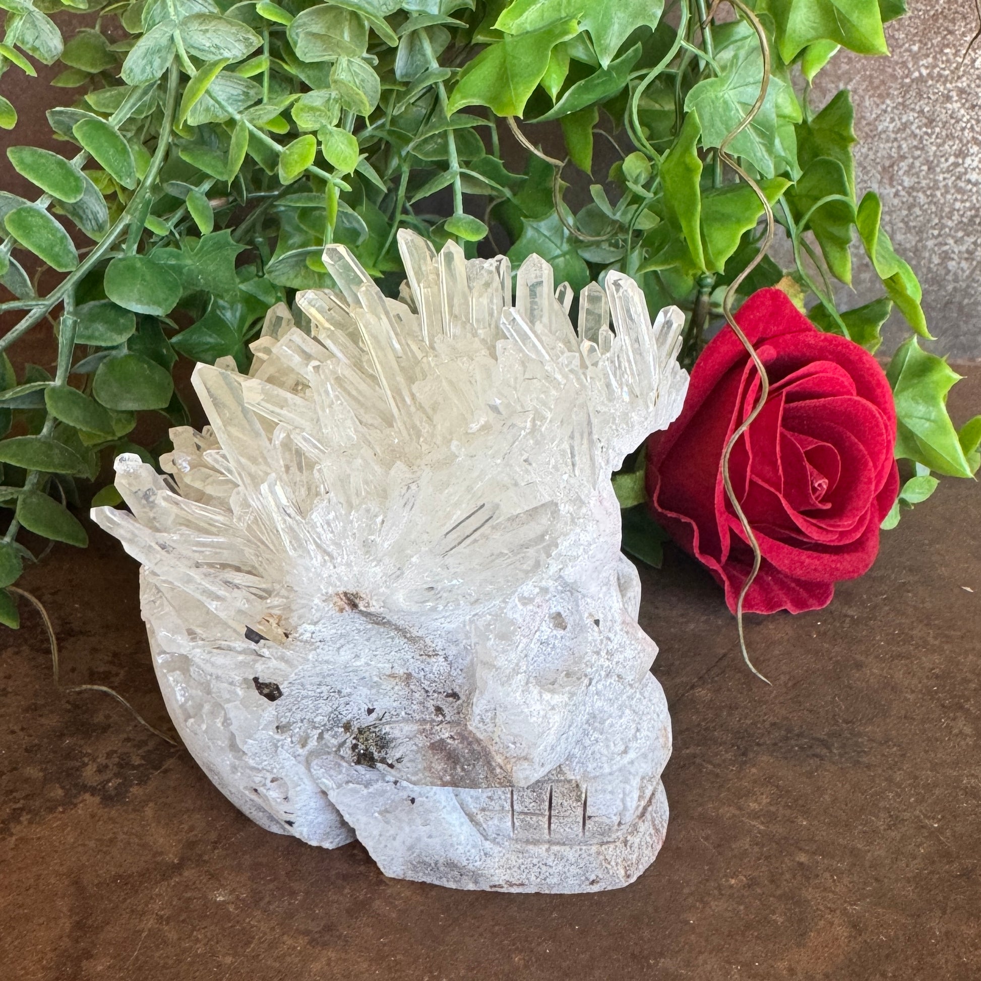 Clear Quartz Cluster Skull 714g crystal carving with natural points for clarity, energy amplification, spiritual healing, and protection