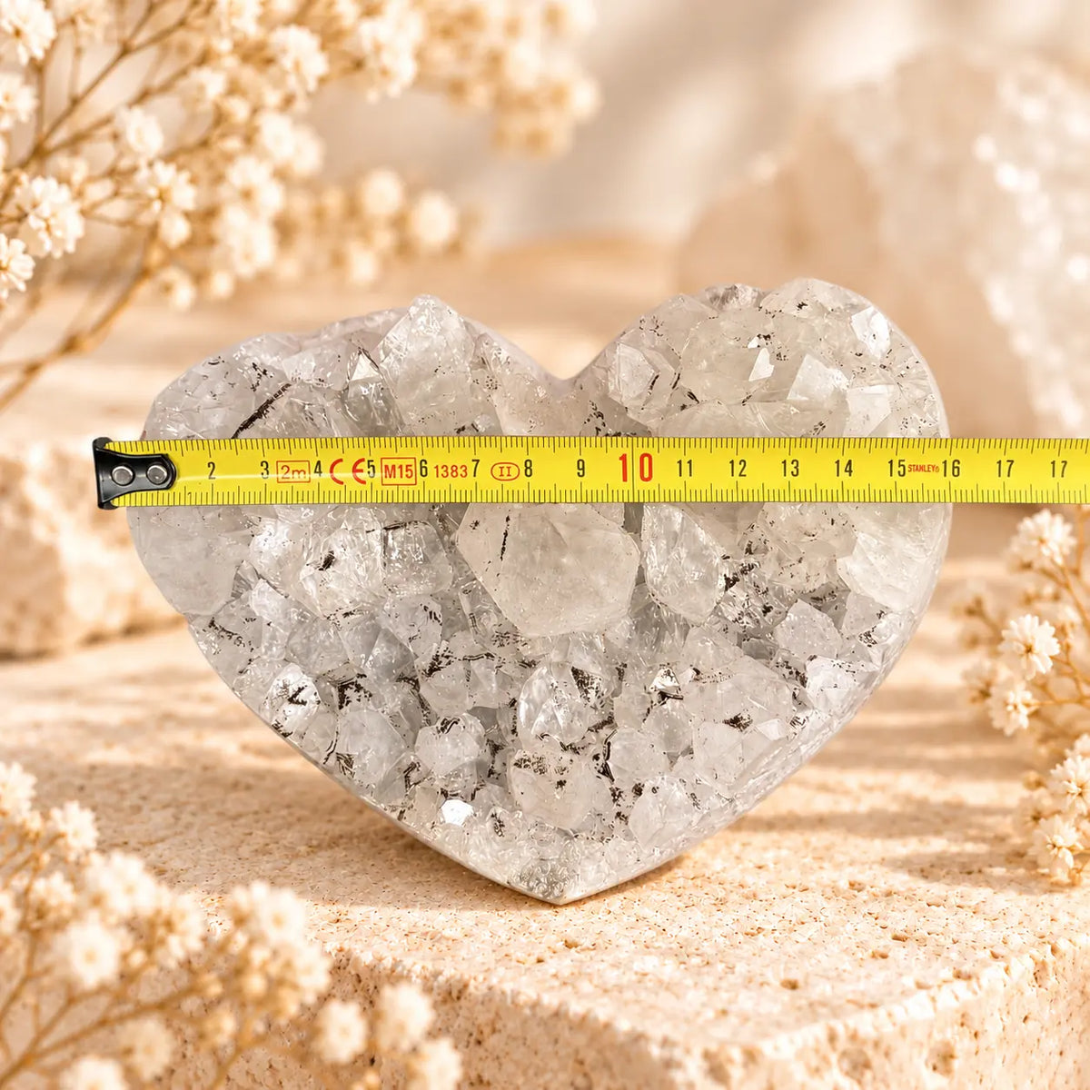 Measuring the Clear Quartz with Sphalerite heart-shaped crystal specimen