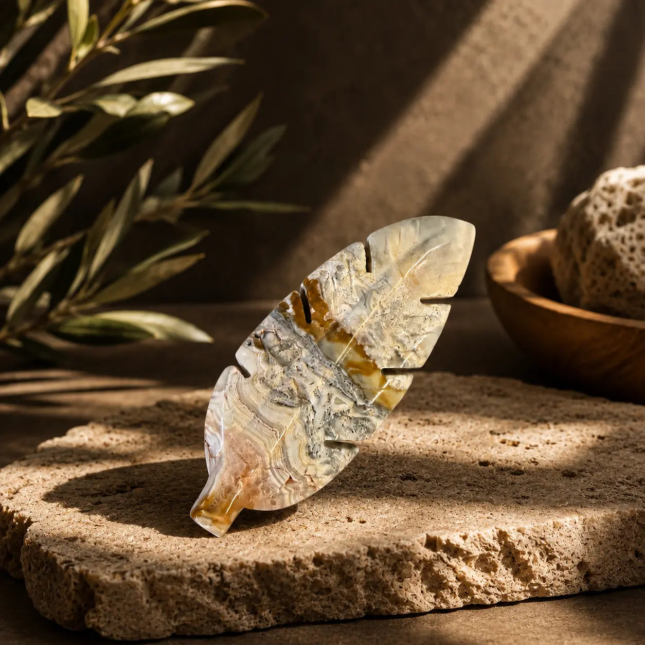 Crazy Lace Agate crystal feather carving Style A with cream, grey and amber banding