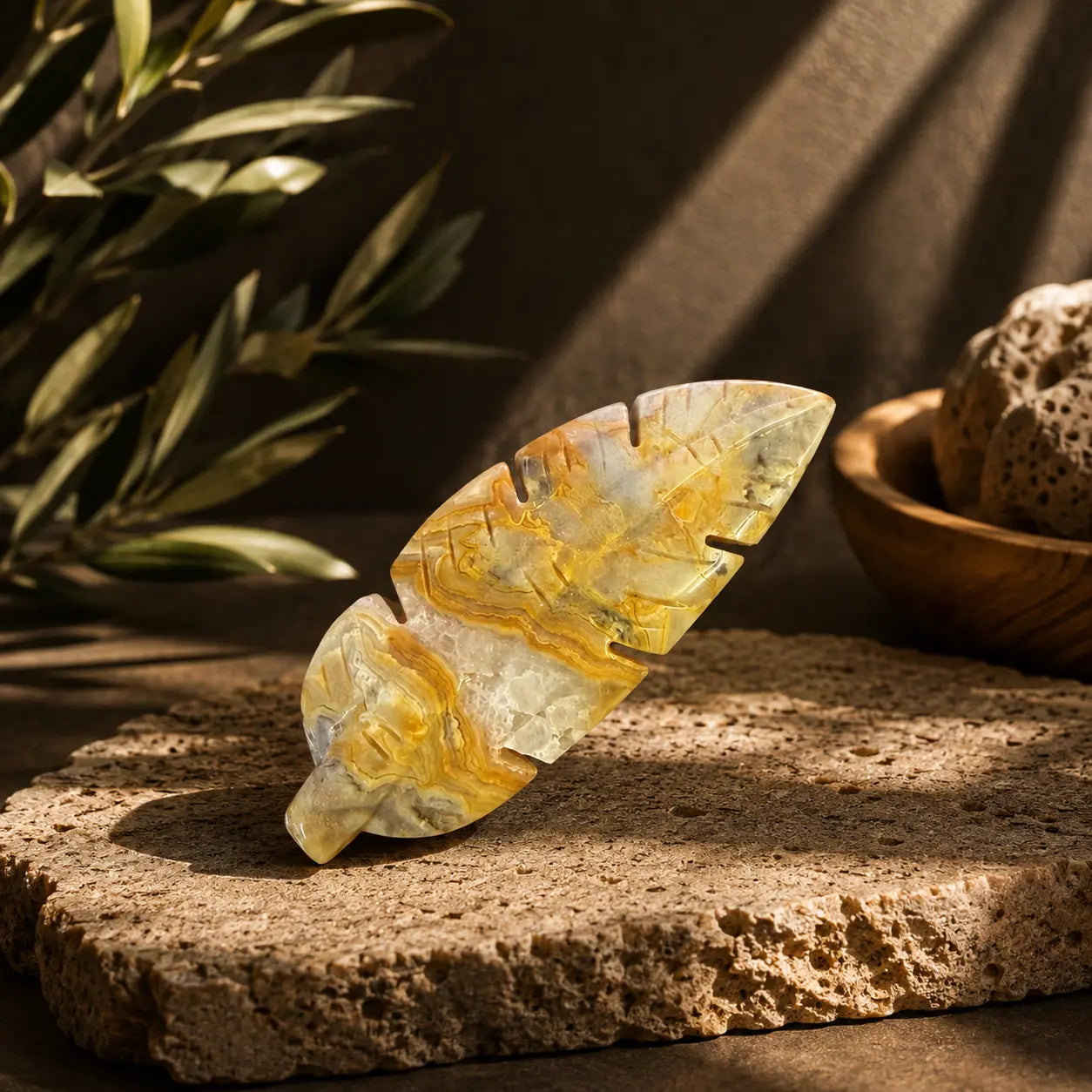 Crazy Lace Agate crystal feather carving Style B with amber, golden-yellow and translucent cream banding