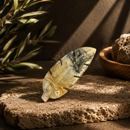 Crazy Lace Agate crystal feather carving Style C with pale cream, soft grey marbling and fine banding