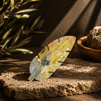 Crazy Lace Agate crystal feather carving Style D with golden-yellow banding and a pale grey lower section