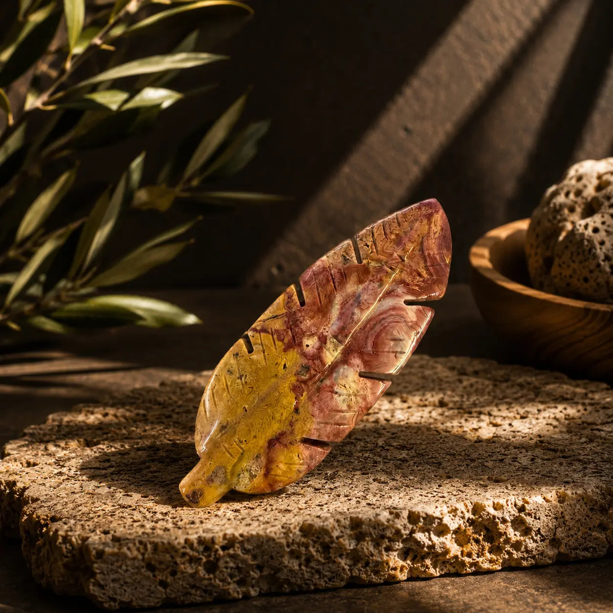Crazy Lace Agate crystal feather carving Style E with amber, rust and dusty rose circular banding