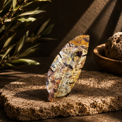 Crazy Lace Agate crystal feather carving Style F with cream, dark brown and amber irregular banding