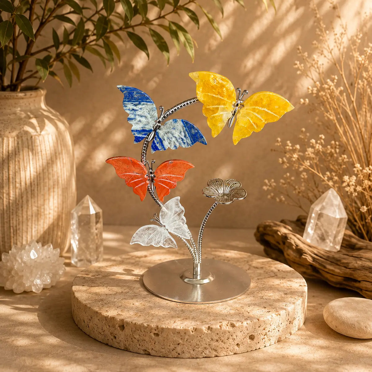 Crystal Butterfly Sculpture – Honey Calcite, Sodalite, Red Jasper & Clear Quartz