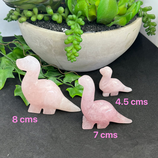Three crystal dinosaur carvings placed on a flat surface with a potted plant in the background. The sizes of the carvings are labeled as 8 cm, 7 cm, and 4.5cms