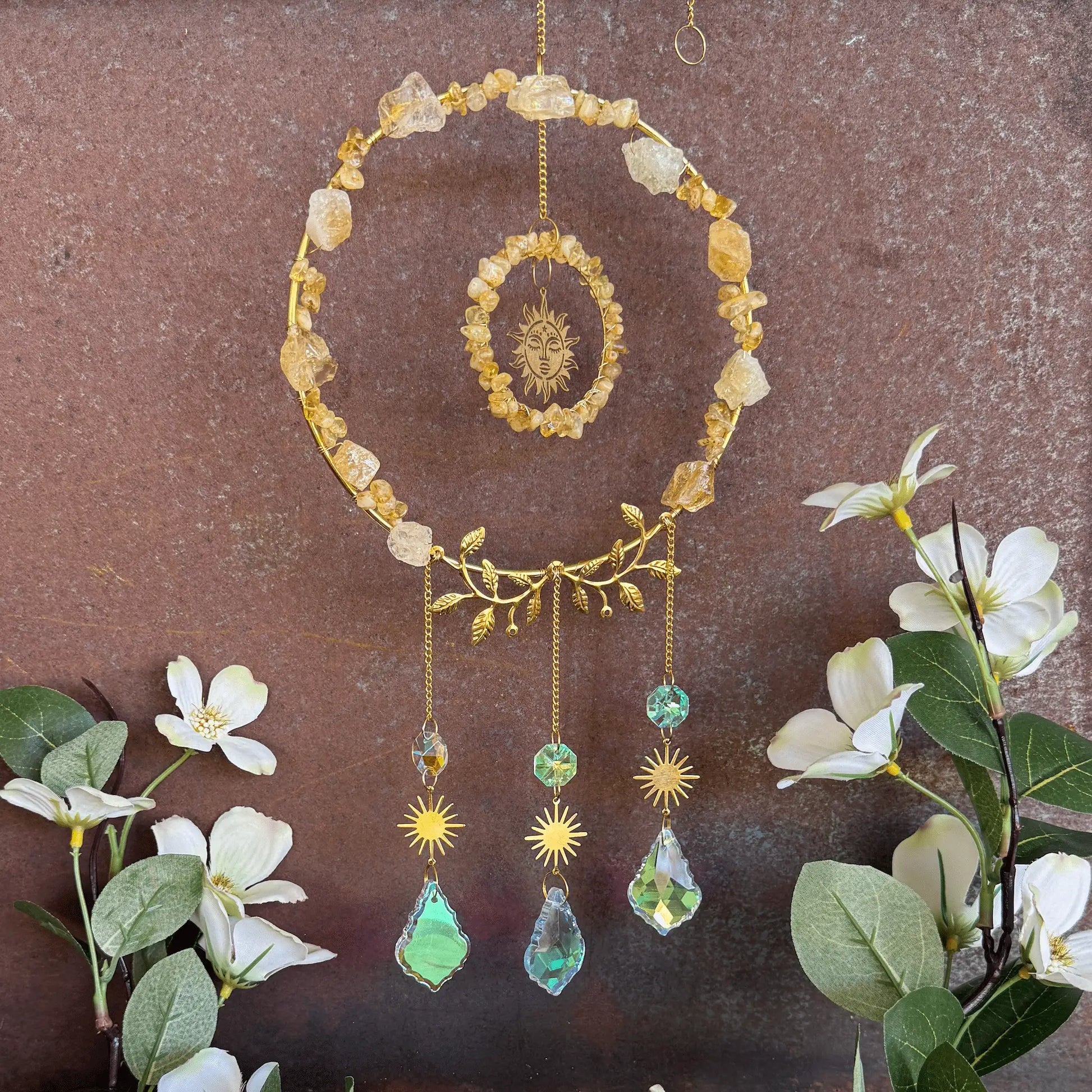 Crystal Gem Sun Catcher with healing crystals for spiritual décor, energy cleansing, positive energy, emotional balance and rainbow light reflections.