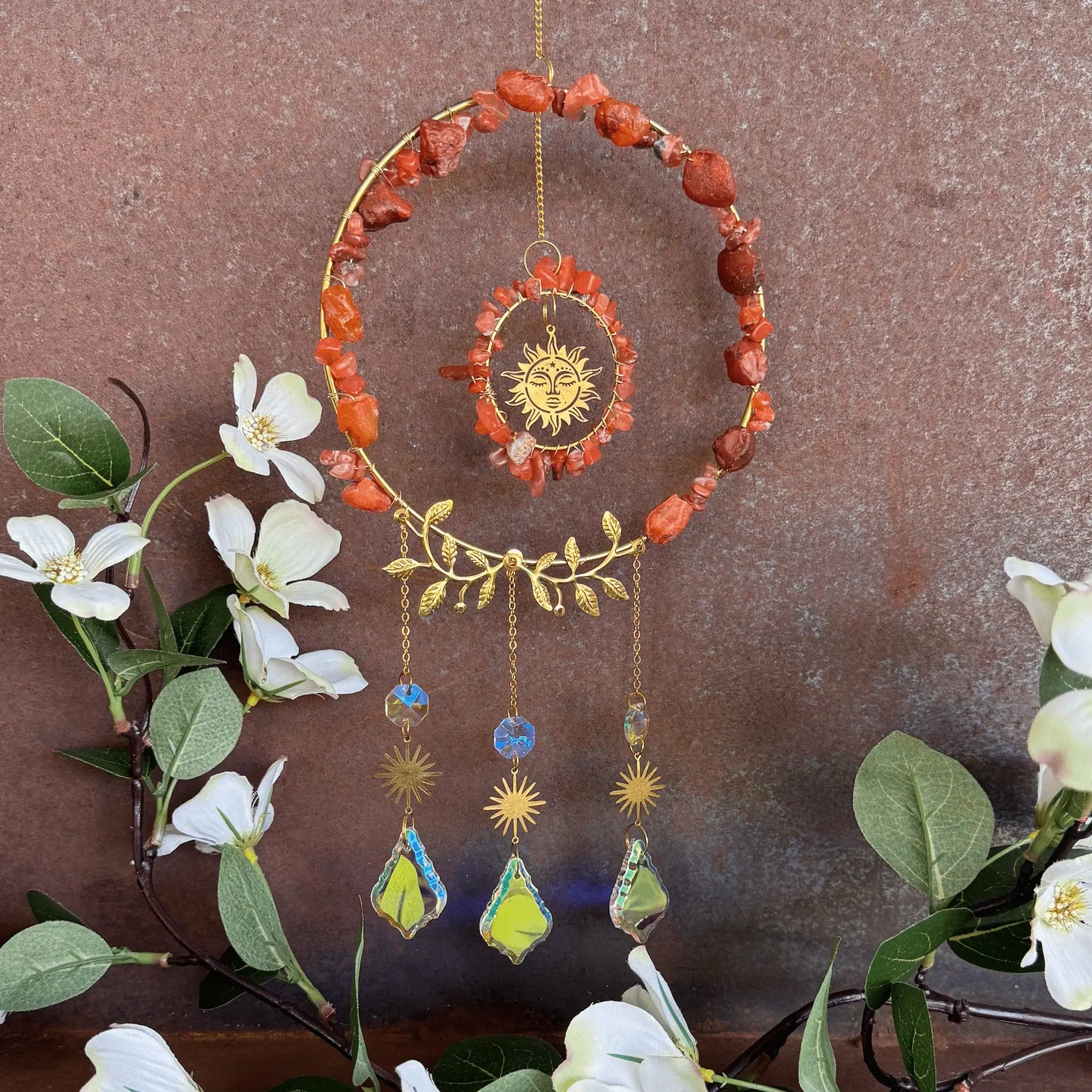 Crystal Gem Sun Catcher with healing crystals for spiritual décor, energy cleansing, positive energy, emotional balance and rainbow light reflections.